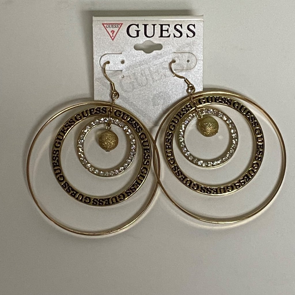 Gold-Tone Guess Triple Circle Drop Earrings With Rhinestones Nwt